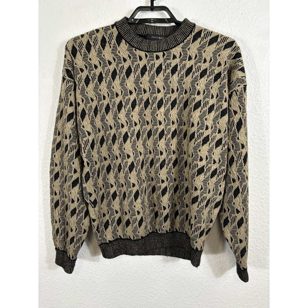 Jhane Barnes Sweater Mens Medium Wool Blend Beige Woven 3D Knit Grandpa